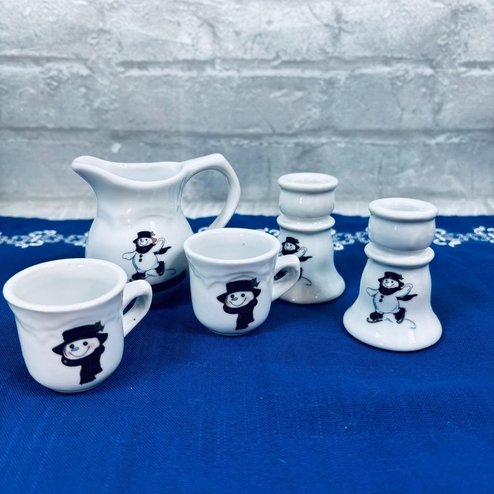 Vintage 1990s Strombecker Corp Snowman Mini Mugs, Pitcher & Candlestick Holders.